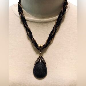 Vintage black and gold beaded teardrop pendant necklace goth fairy Whimsigoth